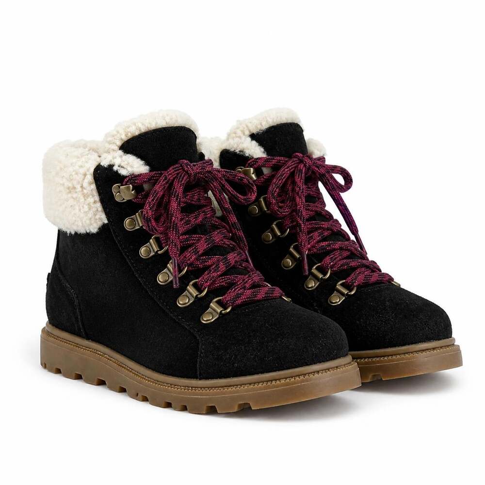 Sorel Lennox Lace Cozy Black Suede Boots Women's 7 Shearling Cuff Hiker Lace Up